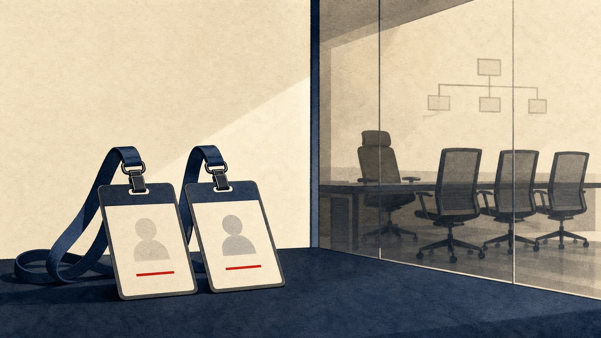 Editorial image of two executive access badges beside a board committee room in a biotech office.