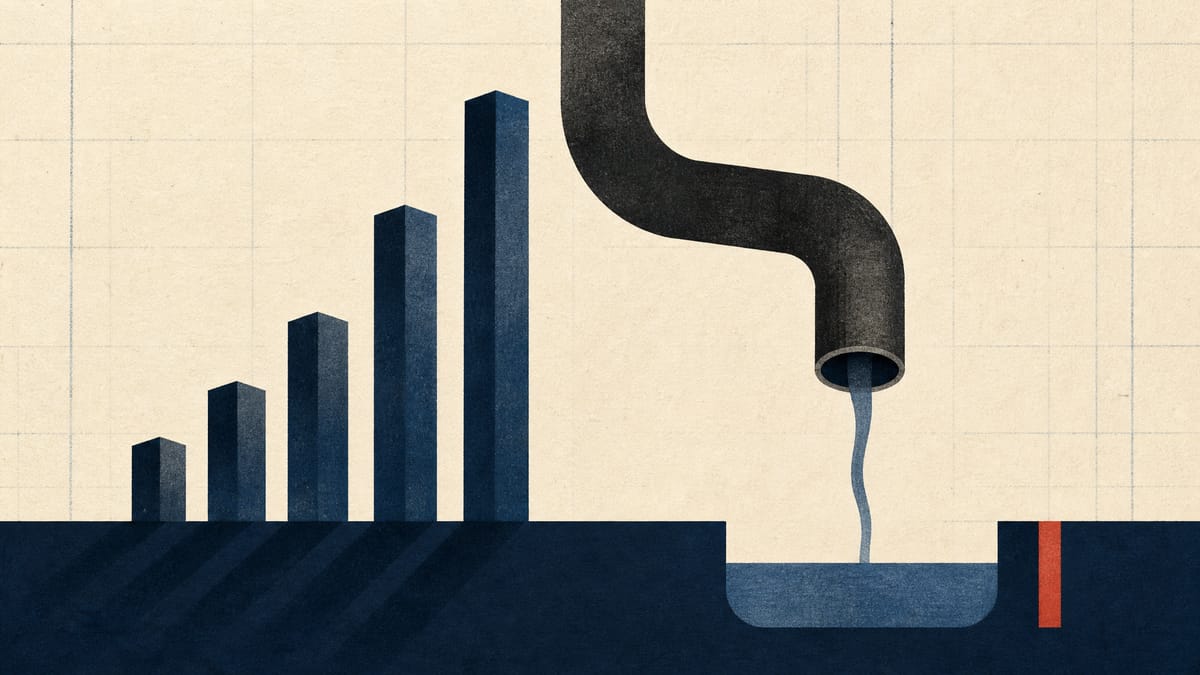 Editorial illustration of rising profit bars beside a narrowing operating cash-flow pipeline and cash reservoir.