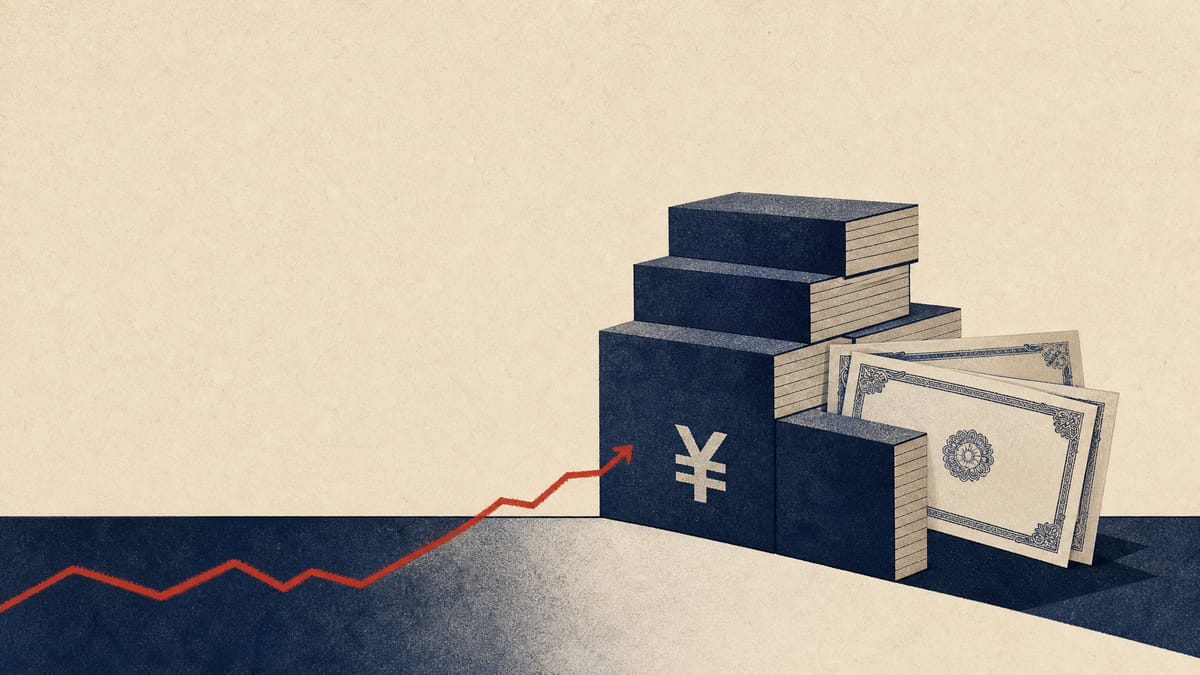 An editorial illustration of yen ledger blocks and share-certificate shapes with a line chart still below zero.