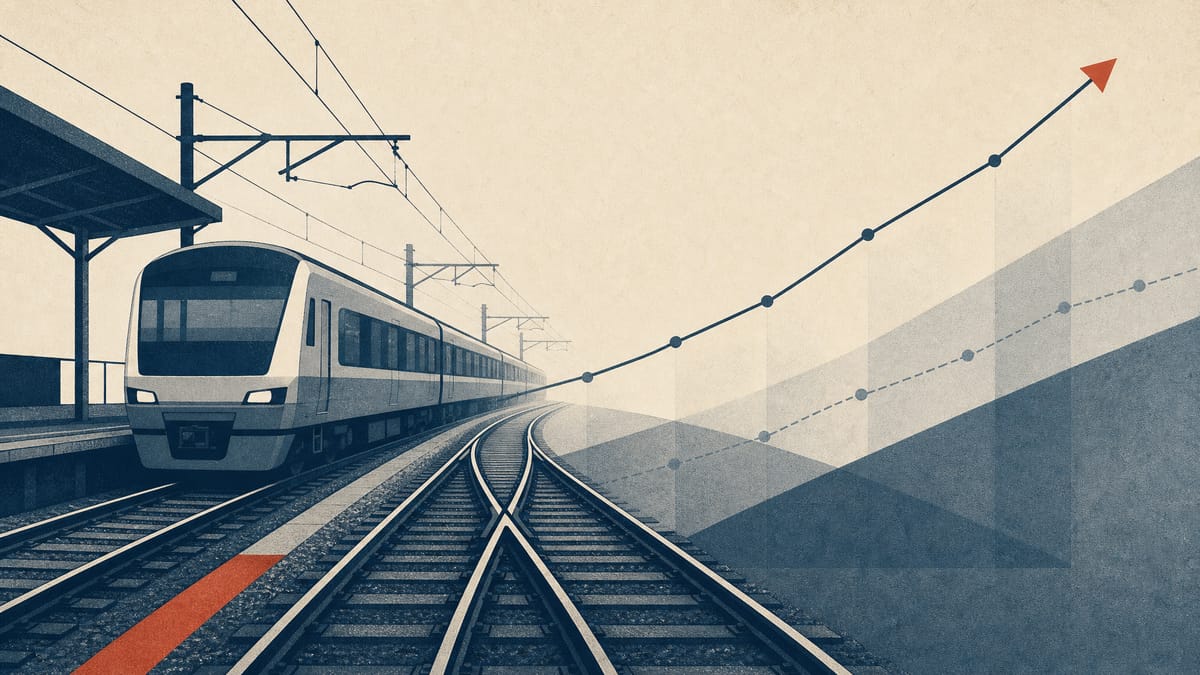 Editorial illustration of commuter rail infrastructure with subtle chart elements suggesting rising revenue and a stronger equity ratio.