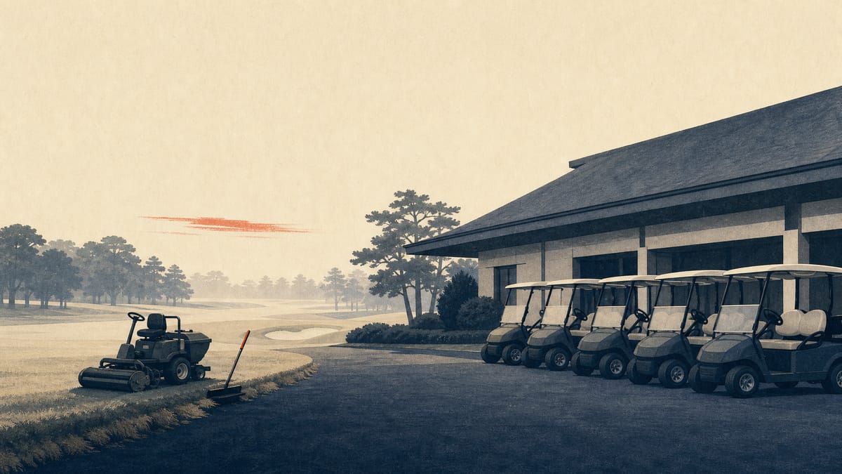 A row of golf carts beside a modest clubhouse and maintenance equipment near a fairway, in a muted editorial style.