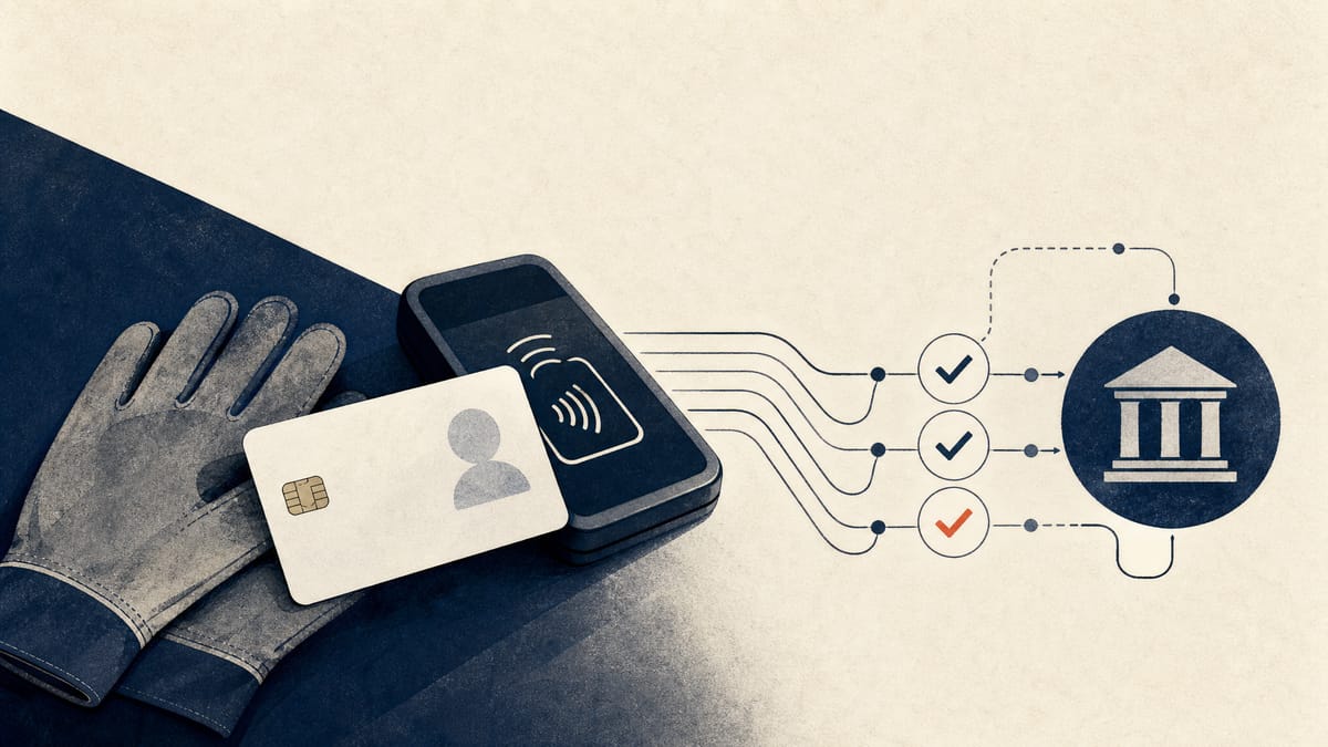Abstract illustration of a mechanic qualification workflow using a smart identity card and secure data checks.