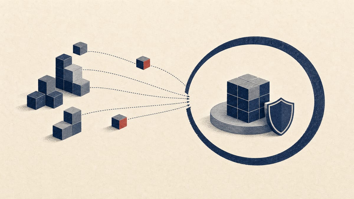 Abstract editorial illustration of clustered share blocks approaching an ownership threshold with voting tokens.