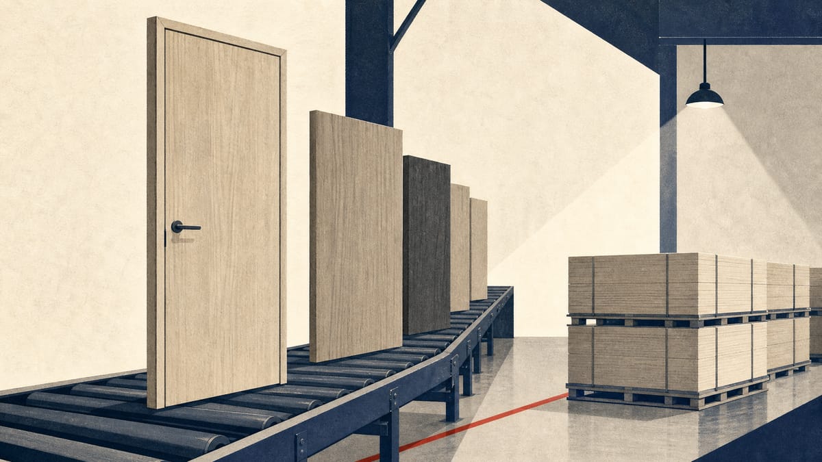 Interior doors and wood-finish building materials moving through a factory and warehouse setting.
