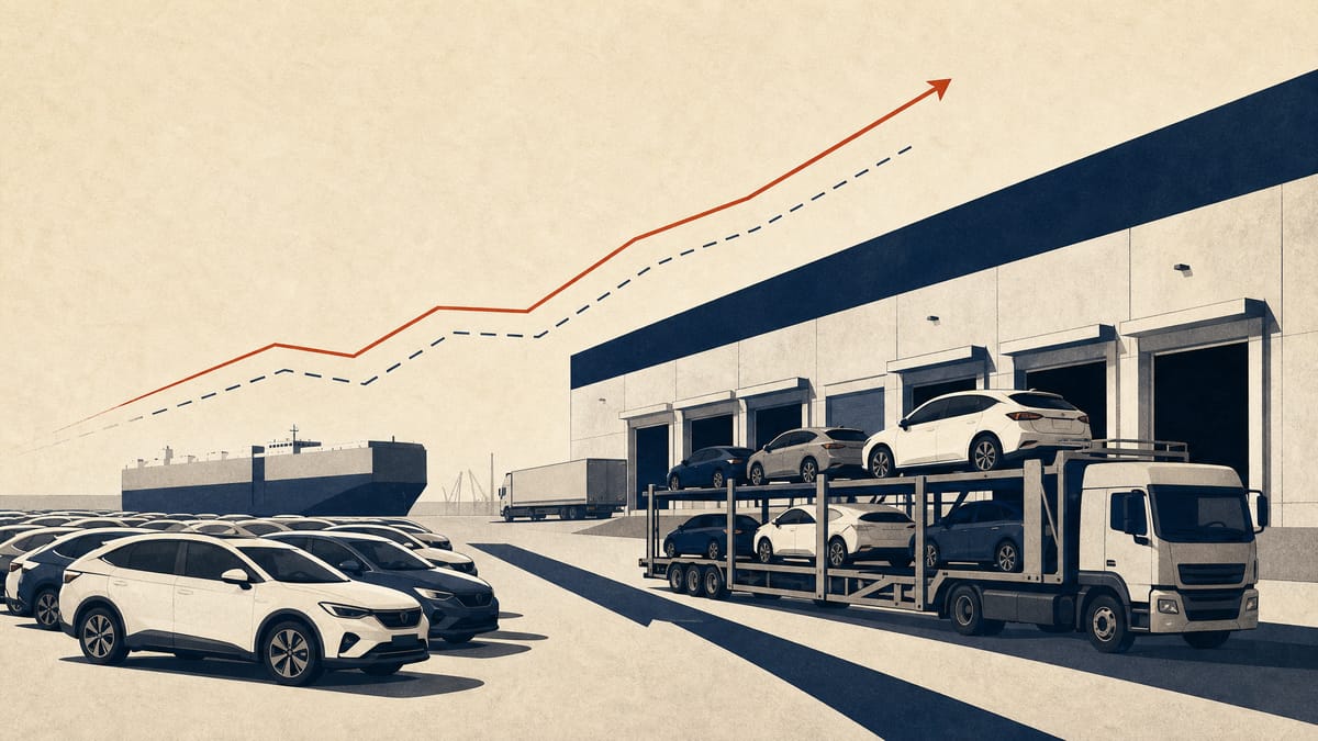 Editorial illustration of a vehicle logistics yard with car carriers, warehouse bays and subtle rising data lines.