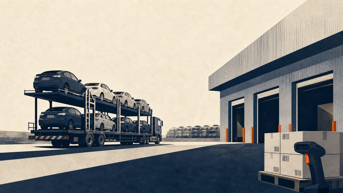 Illustration of a vehicle logistics yard and warehouse loading bays.