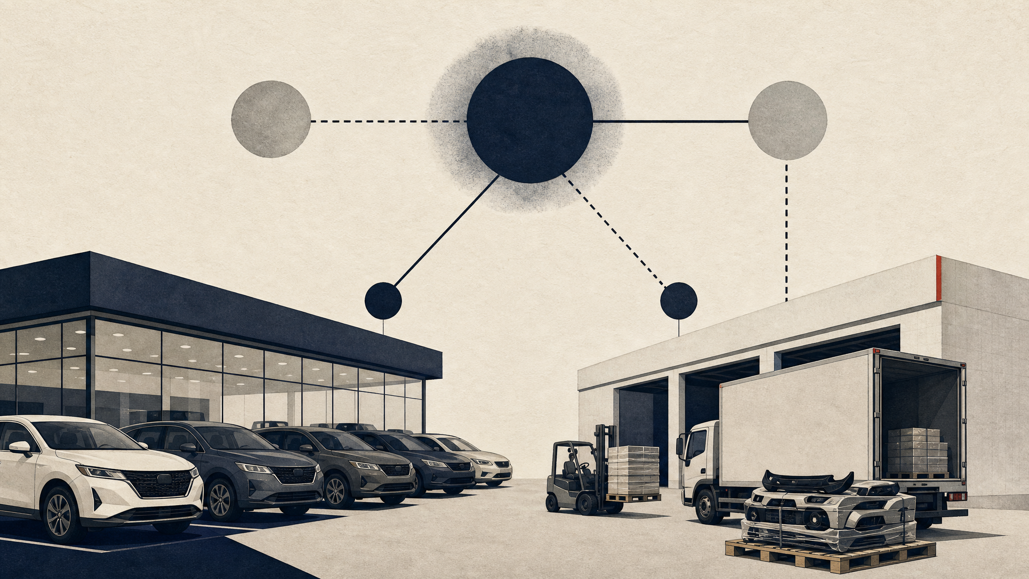 Editorial illustration of an unbranded car dealership yard and leased warehouse bays, with abstract lines showing ownership, supply and lease relationships.