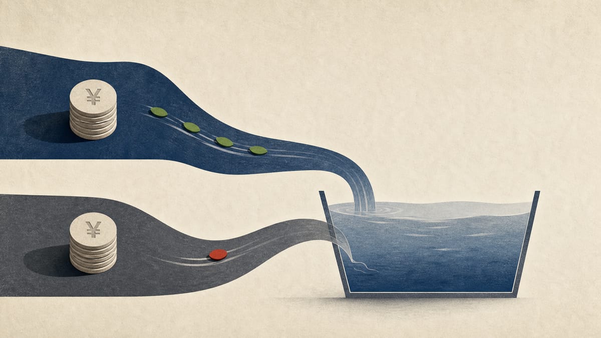Editorial illustration of abstract cash-flow channels, yen tokens and separate profit and loss markers.