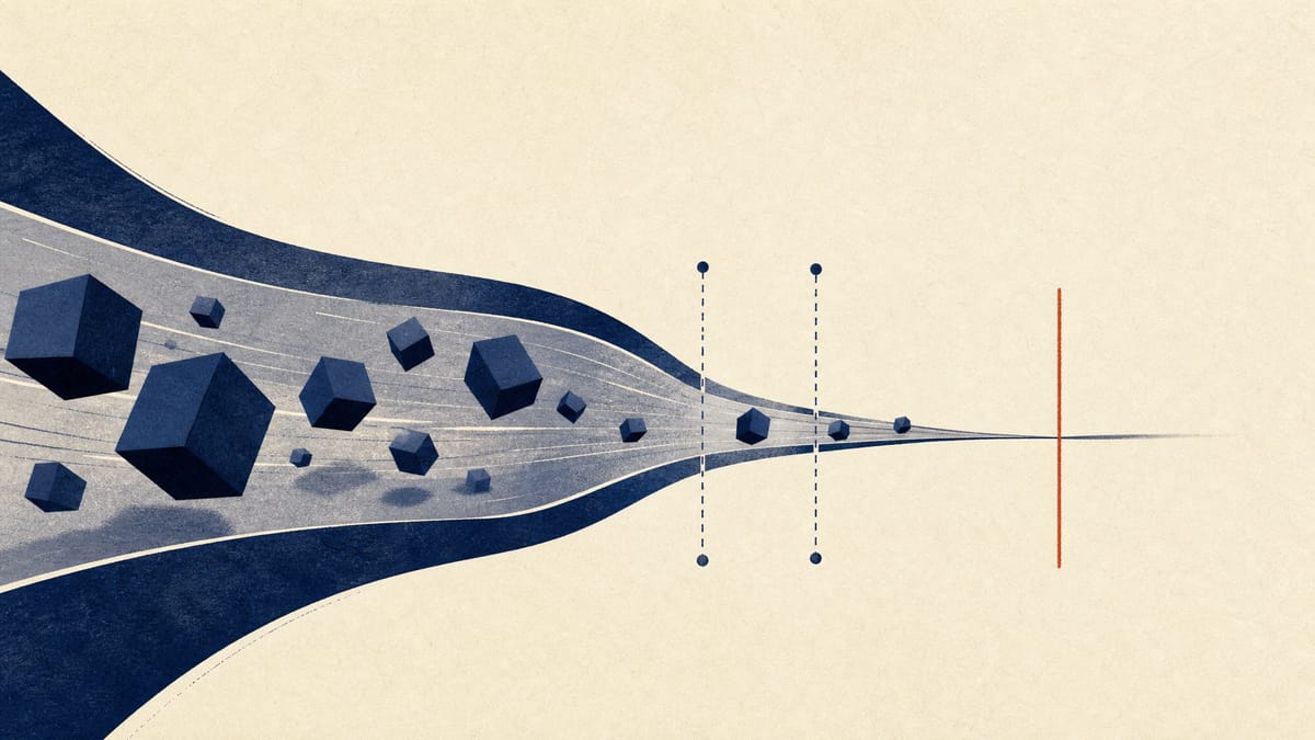 Abstract illustration of floating share blocks approaching a market-threshold line.