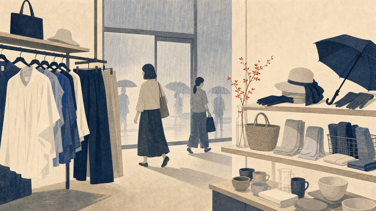 Editorial illustration of clothing racks and household-goods shelves in a Japanese specialty retail store on a rainy day.