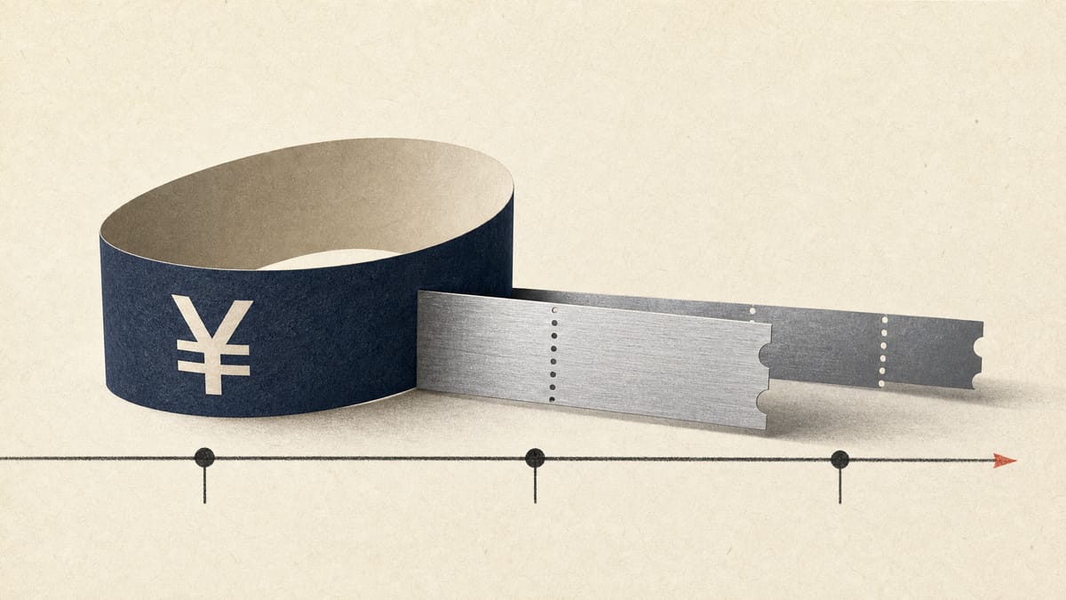 Abstract illustration of yen bond instruments and a multi-year timeline over industrial metal textures.