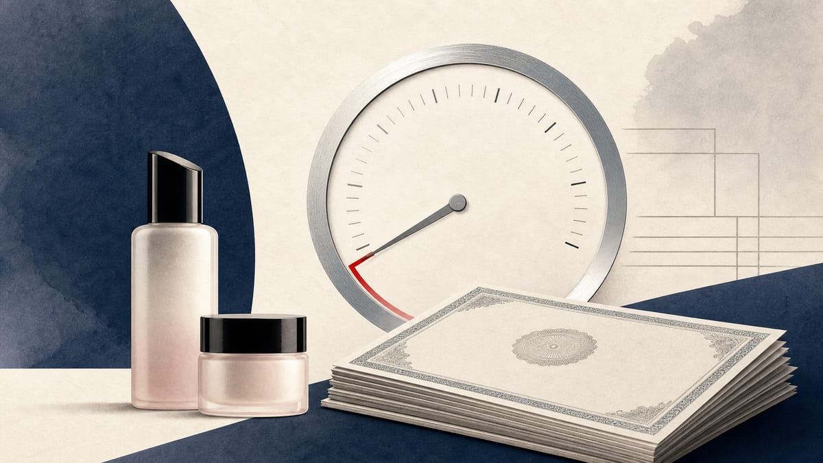 Editorial illustration of unbranded cosmetic bottles next to bond coupons and an abstract issuance gauge.