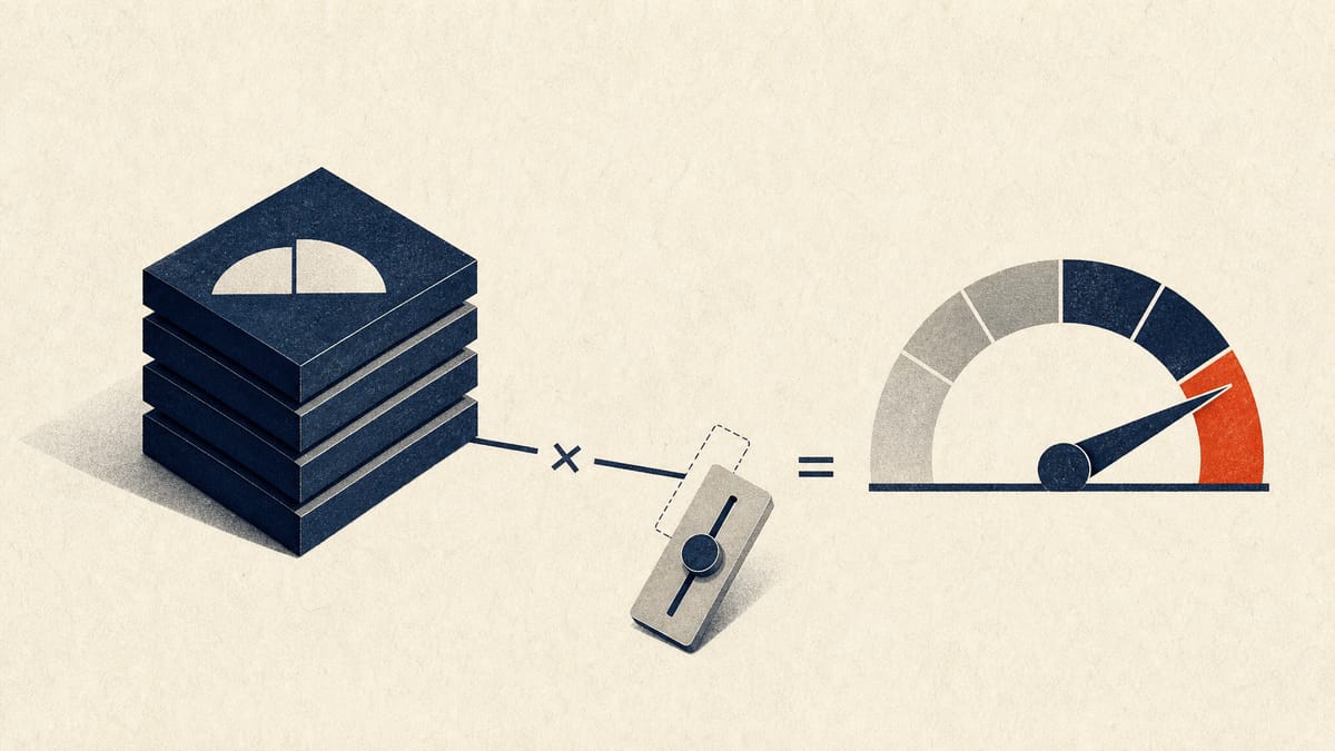 Editorial illustration of share units and a performance payout gauge with one proration factor removed.