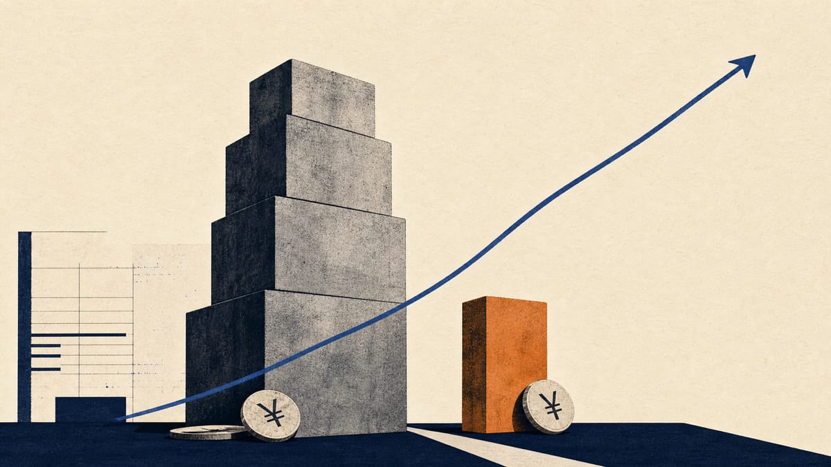 Abstract editorial illustration of rising revenue and assets beside a smaller operating profit bar.