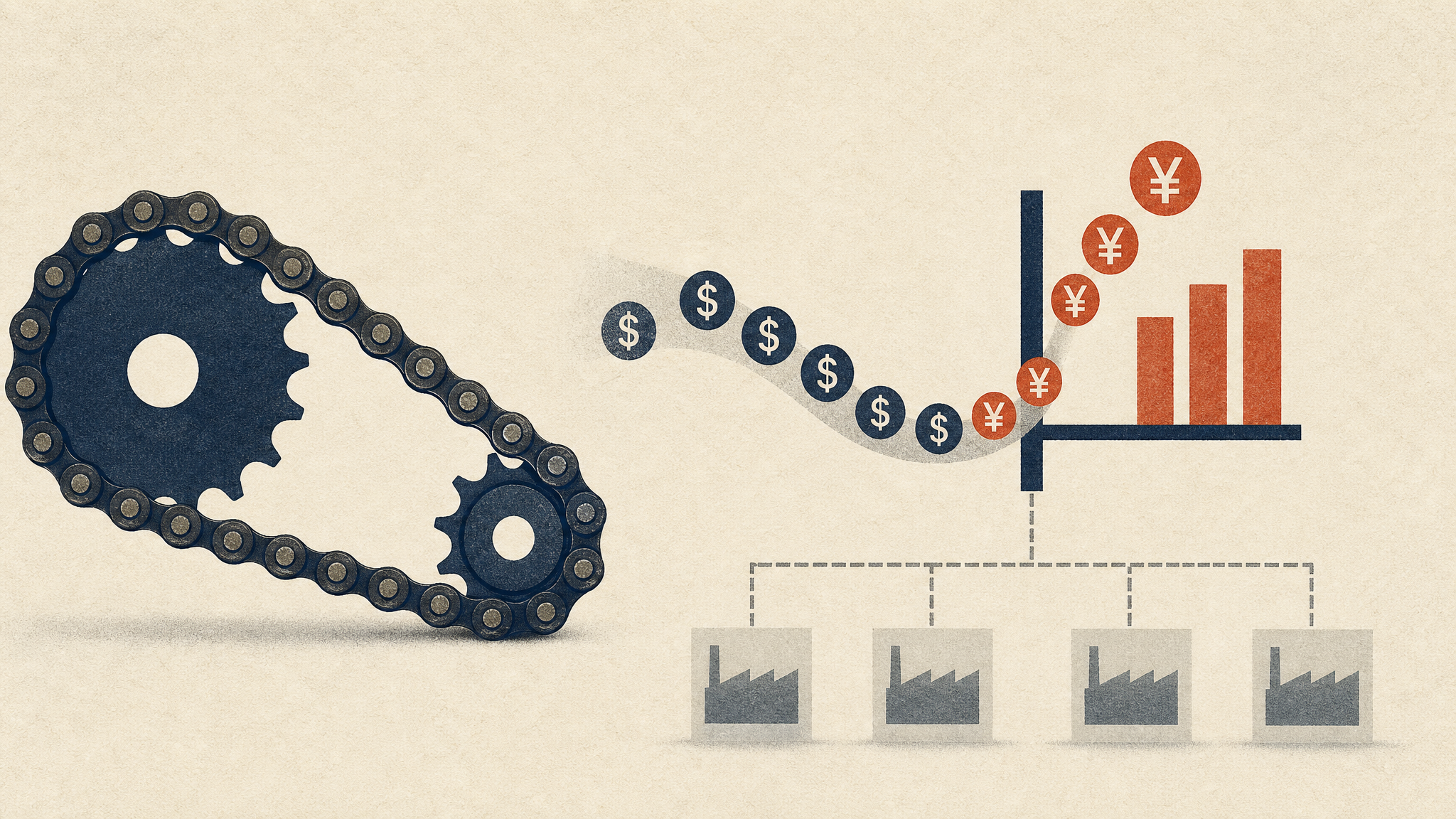 Illustration of roller chains with an abstract cash-flow graphic showing funds moving to a parent company while the group-level chart remains flat.