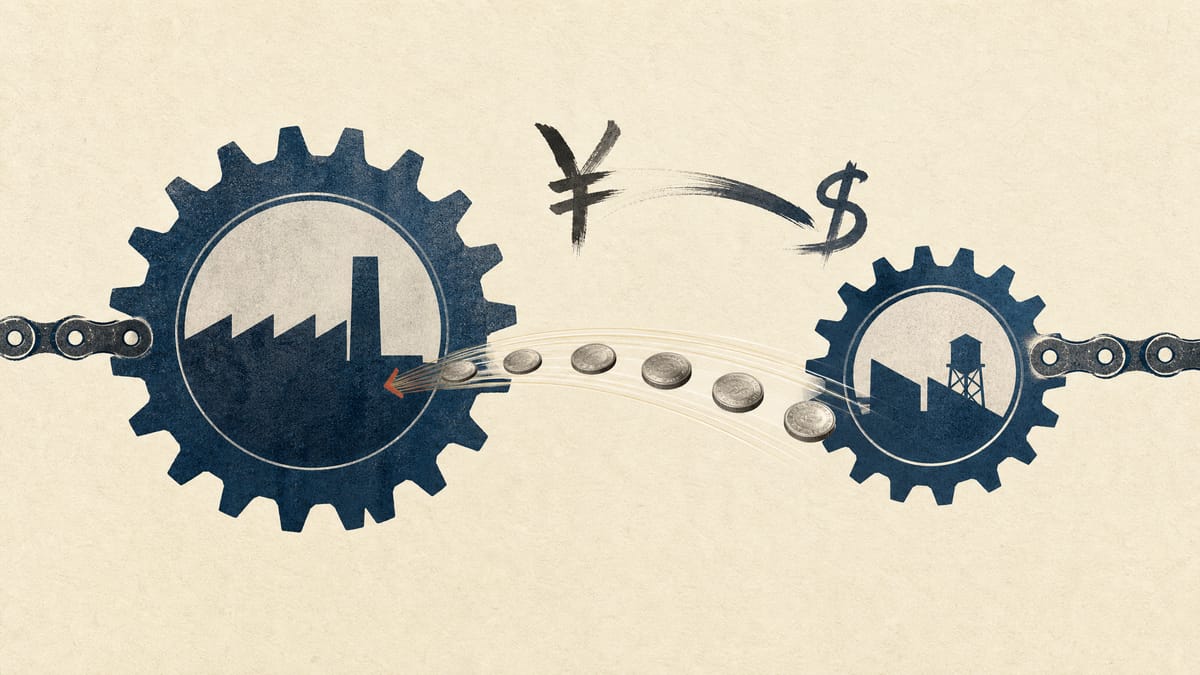 Editorial illustration of cash flowing between two connected industrial chain wheels to represent a parent company receiving a dividend from a subsidiary.