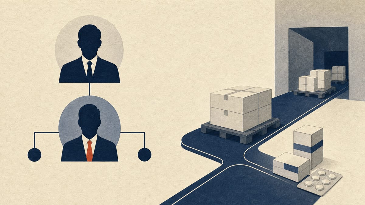 Abstract editorial image showing leadership nodes, supply-chain elements and plain medicine cartons.