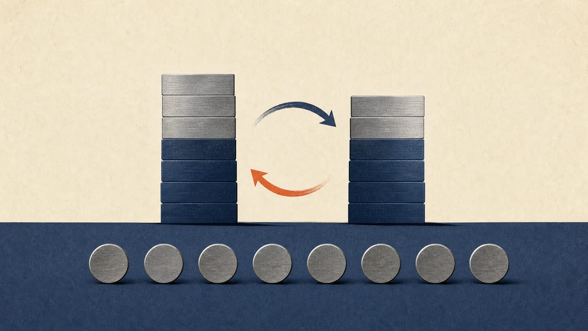 Abstract illustration of value moving between two balance-sheet columns while share tokens stay unchanged.