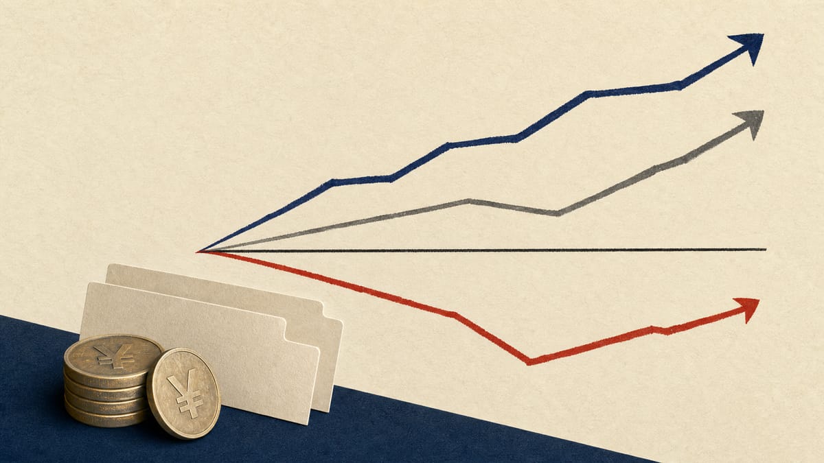 Editorial illustration of diverging financial lines above yen coins, representing higher sales, an ordinary loss and higher net income.