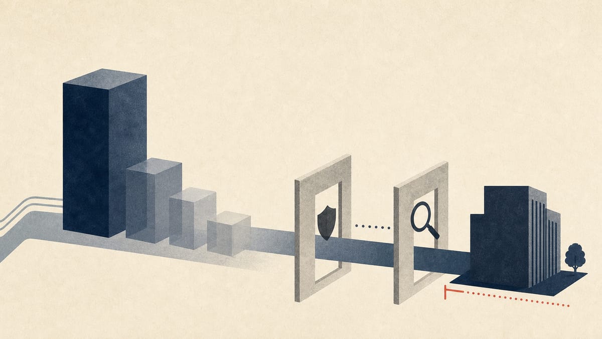 Abstract illustration of voting-right blocks moving through compliance checkpoints and audit gates.