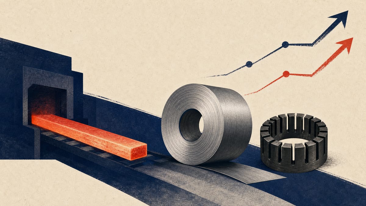 Editorial image of steel and materials components on an industrial production line with subtle rising chart lines.