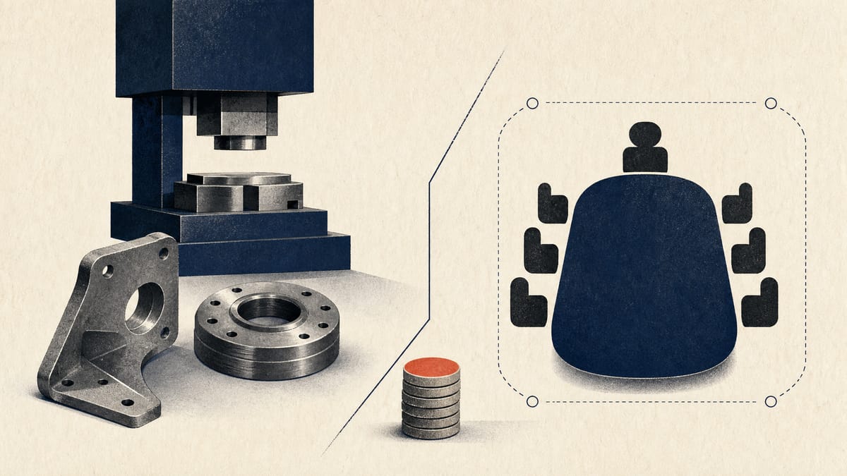 Editorial illustration of industrial press components next to an abstract diagram of board seats and contract boundaries.