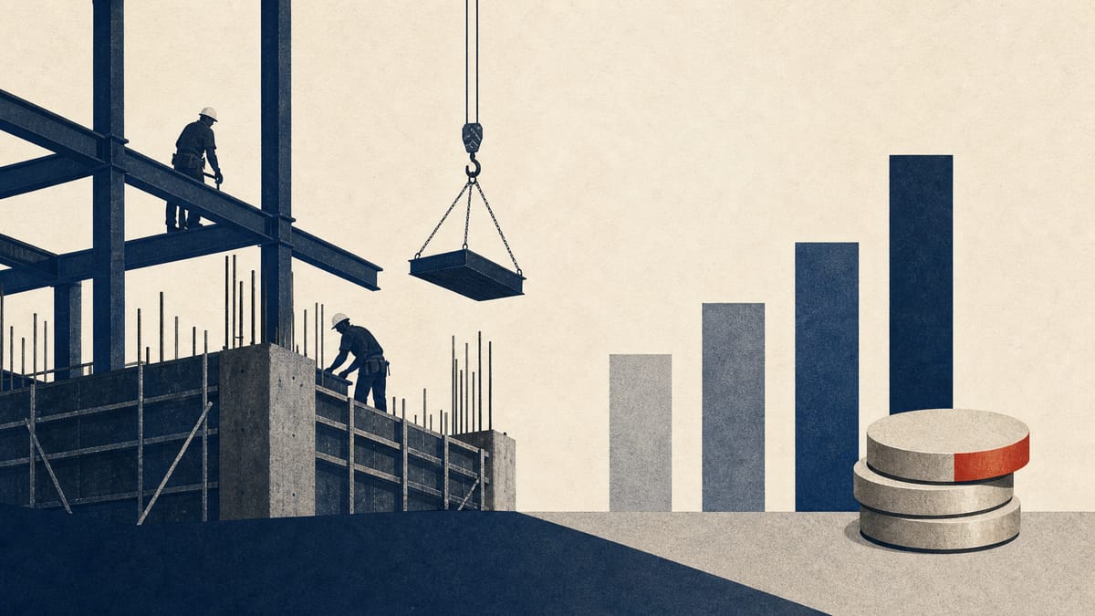 Editorial illustration of a construction site with rising profit-margin bars and dividend tokens.