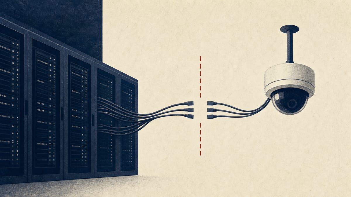 Illustration of retail camera sensors and network connections separating from a larger server cluster.