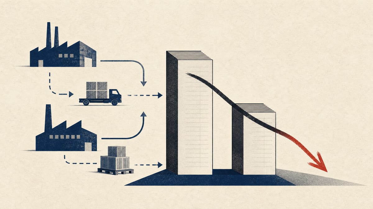 Abstract illustration of intercompany ledger flows between factory operations and a revised profit line.
