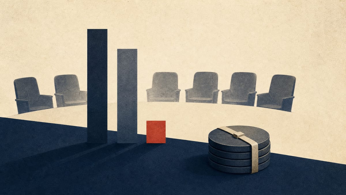 Editorial illustration showing six director seats, compensation bars and restricted-share tokens.
