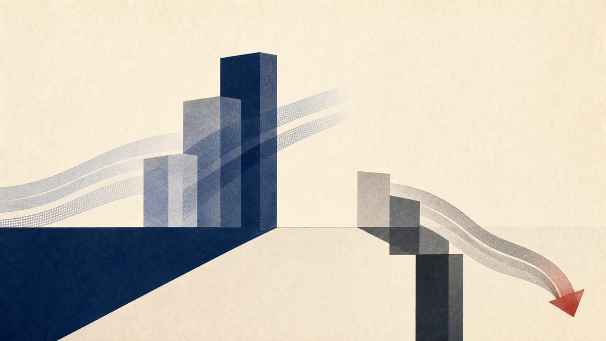 Abstract editorial graphic showing rising balance-sheet blocks and a dipping income bar.