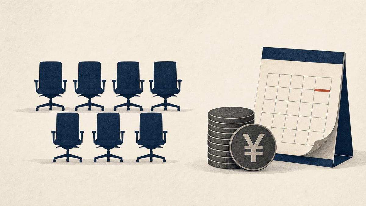 Editorial illustration of seven office chairs grouped beside stacked yen coins and a calendar page.