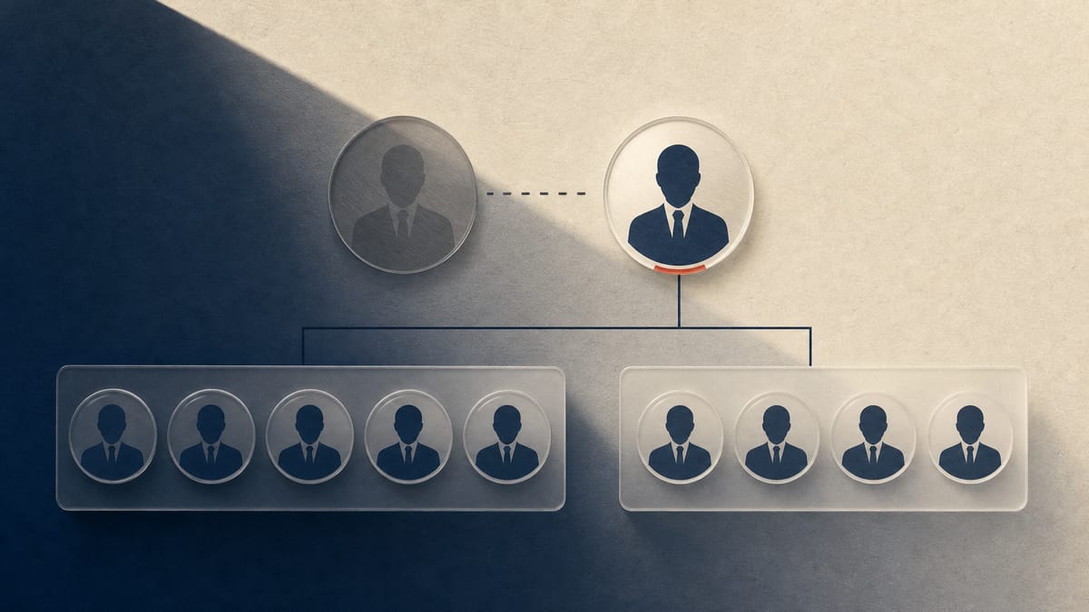 Abstract illustration of a corporate governance chart with one top role dimmed and grouped board seats below.