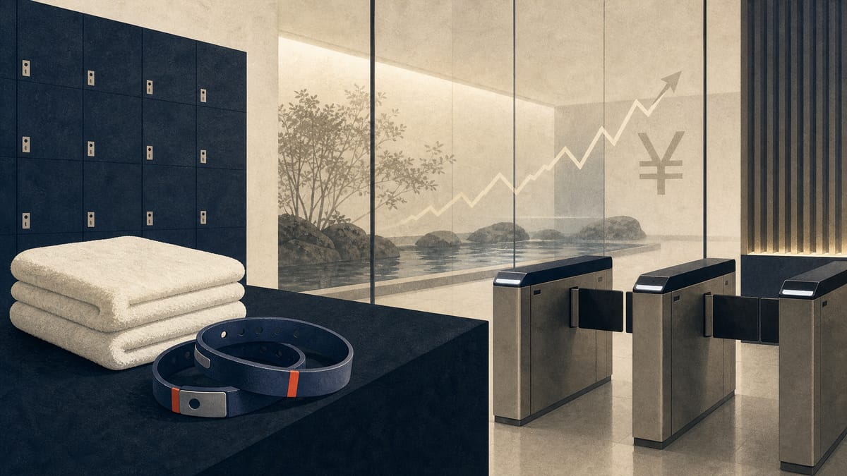 Editorial illustration of a leisure-facility entrance with locker bands and towels, suggesting stronger sales and a healthier balance sheet.