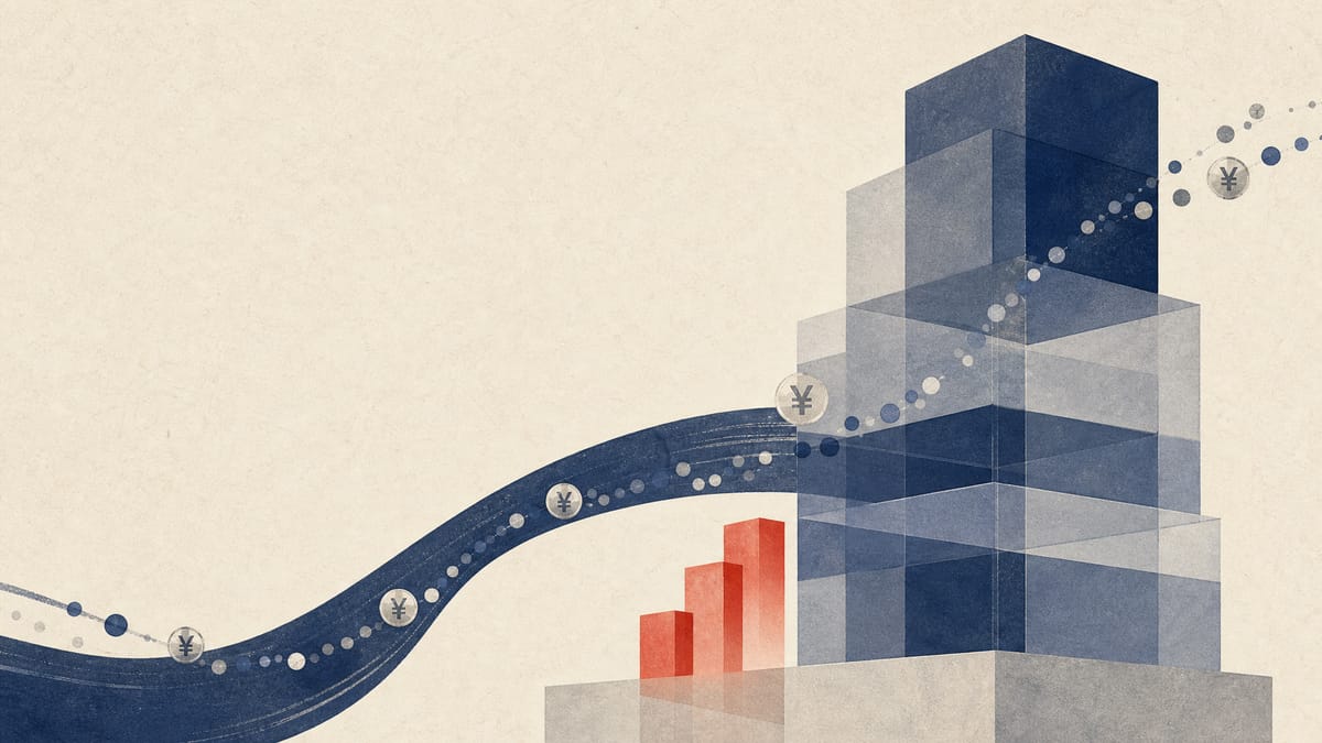 Editorial illustration of rising asset and profit blocks with subtle yen motifs.