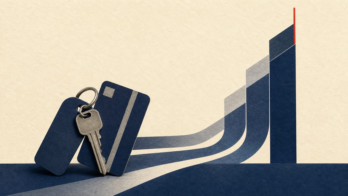 Editorial illustration of apartment key tags and abstract financial flow bars representing rent-guarantee growth.
