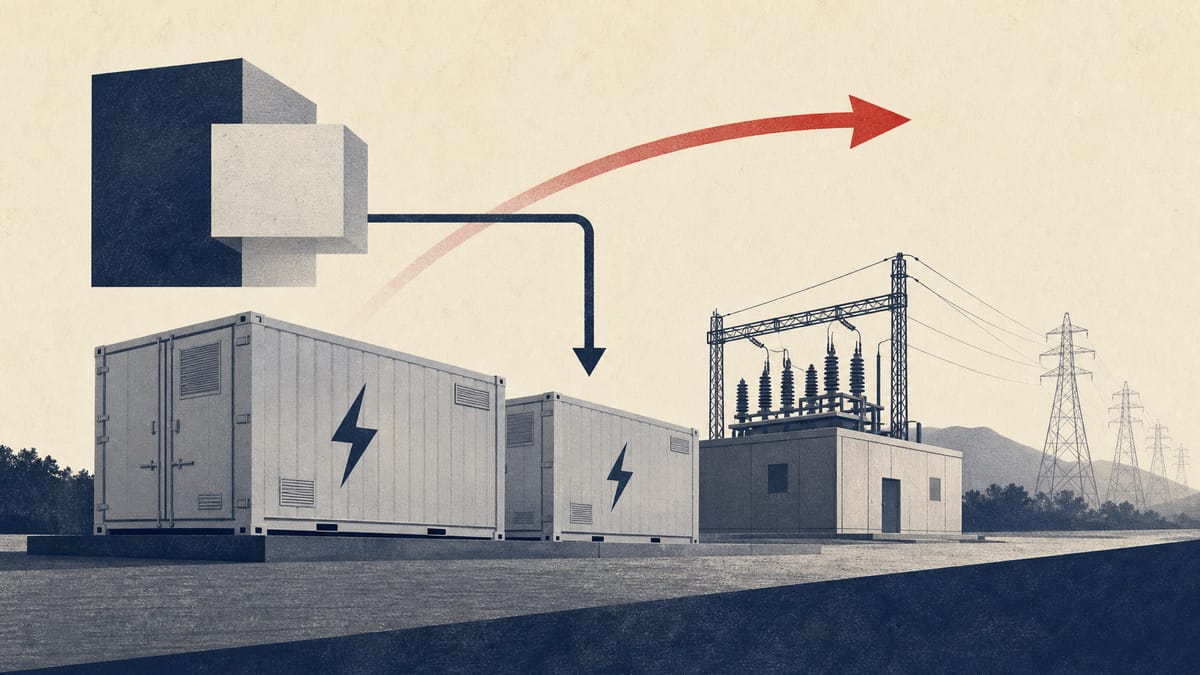Editorial illustration of utility-scale battery containers beside transmission equipment with abstract bond-to-equity graphics.