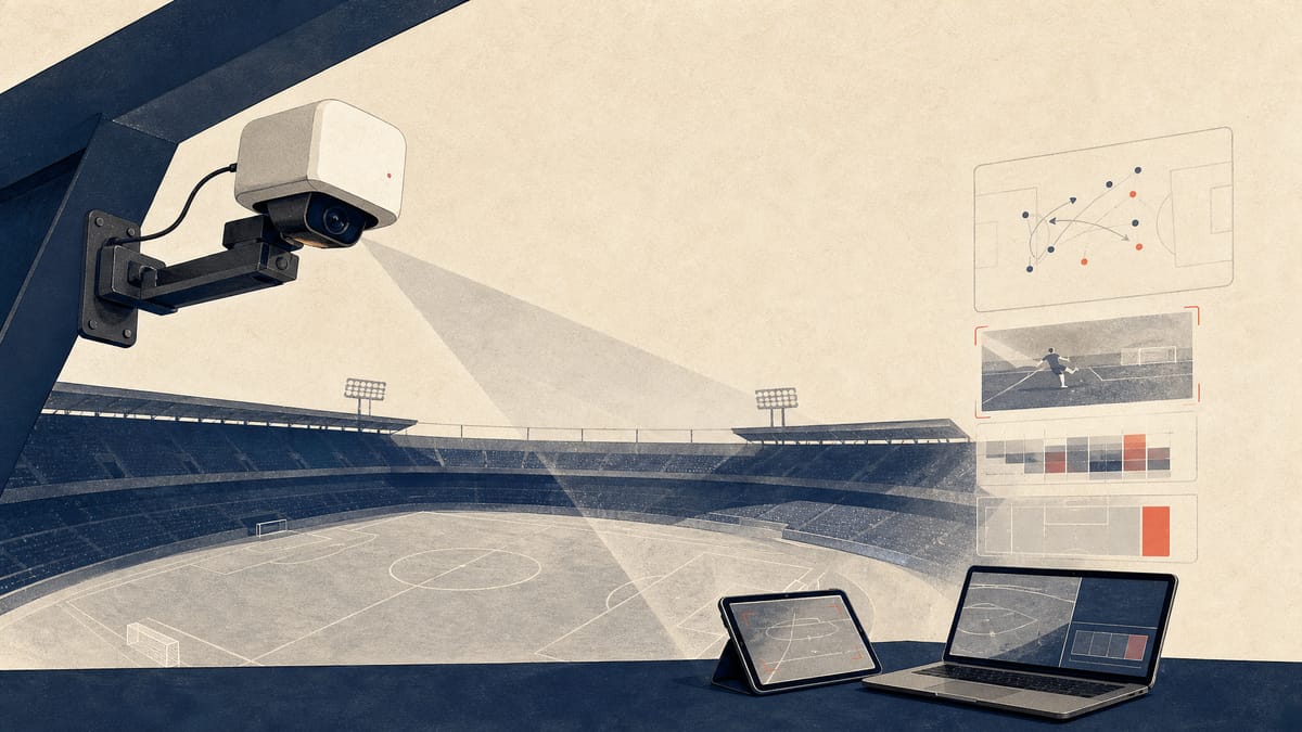 An AI sports camera overlooking a local playing field with remote monitoring devices and abstract video-streaming graphics.