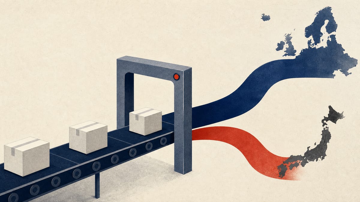 Editorial illustration of unbranded specialty-drug cartons moving through a compliance checkpoint with split routing paths.