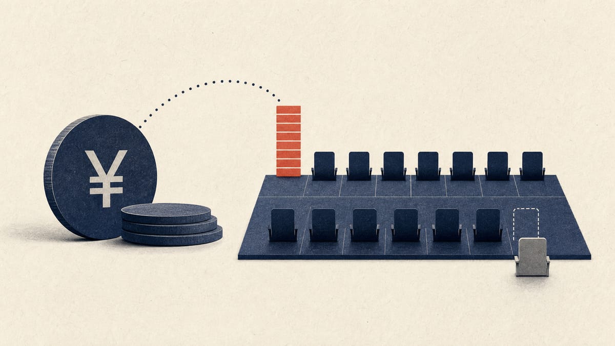 Illustration of share tokens, yen payout markers and a 14-seat board grid.
