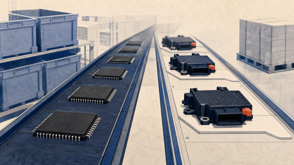 Semiconductor memory chips and small electric two-wheeler control modules moving along an electronics assembly line