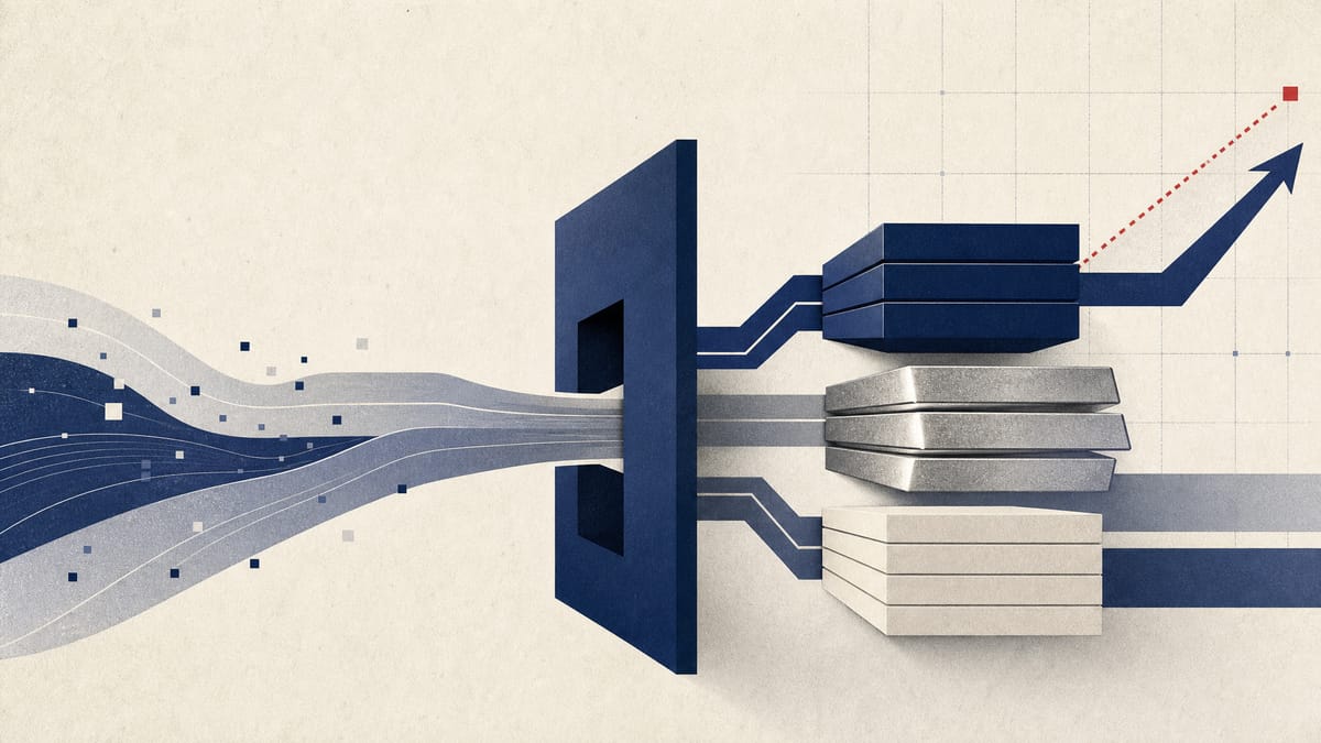 Abstract editorial illustration of bank balance-sheet flows, with loans, bond holdings, deposits and trading activity represented as connected blue-grey data pathways.