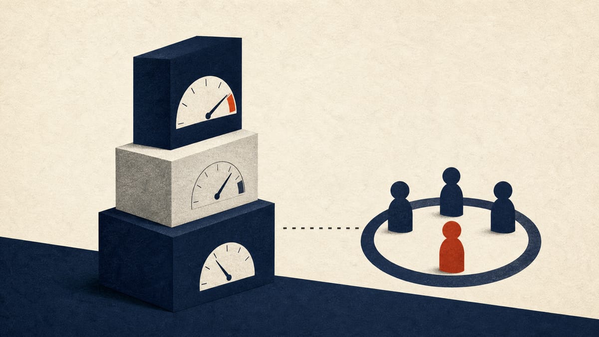 Abstract editorial illustration of executive pay components shown as stacked bars with performance gauges and oversight symbols.