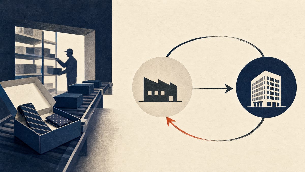 Editorial illustration of fashion accessories moving through a warehouse line with abstract ownership and transaction links.