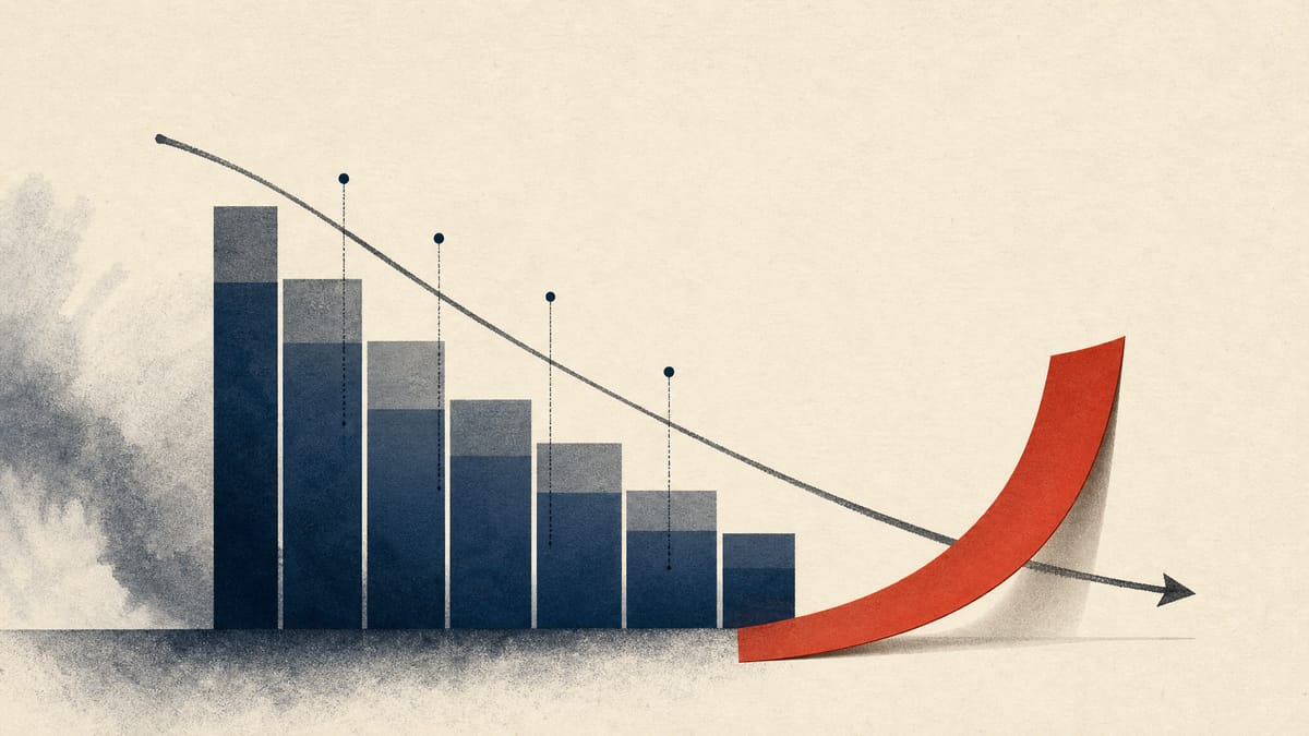Abstract editorial illustration showing rising dividend bars beside a slightly lower profit line and insurance risk markers.