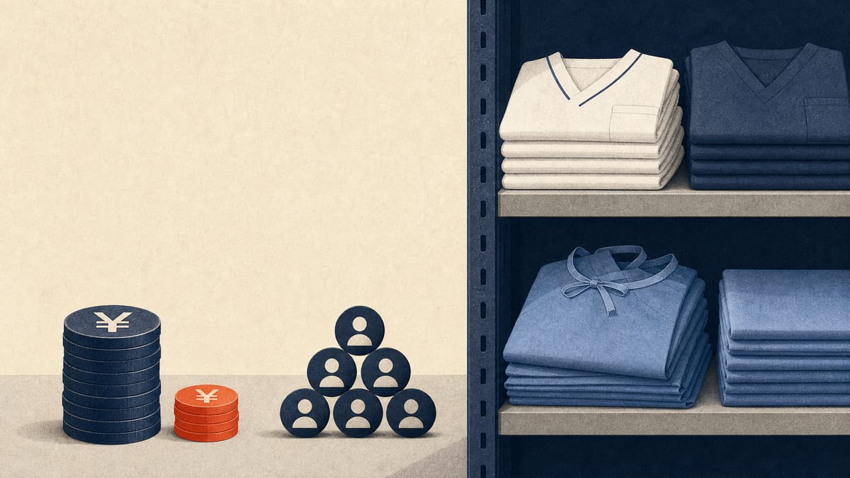 Stacked medical uniforms in a warehouse-style setting with abstract markers for dividends and share buybacks.