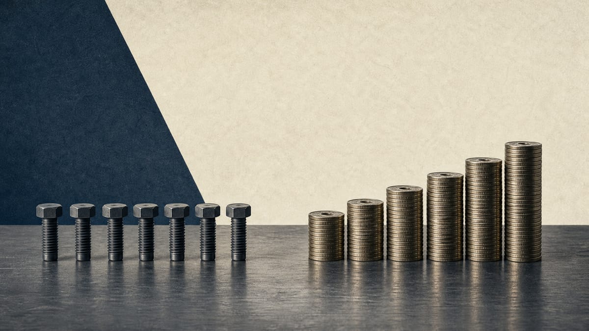 Editorial illustration of seven steel bolts beside stacks of yen coins, representing a dividend approval and director elections.