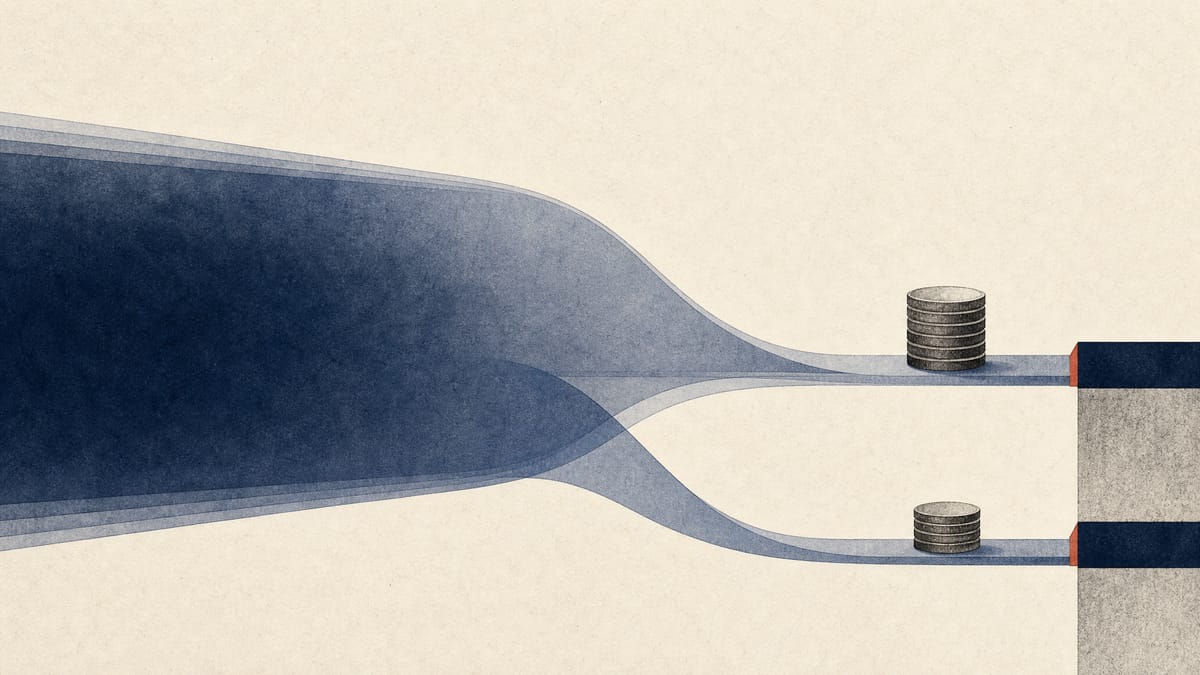 Abstract illustration of a wide revenue stream narrowing into smaller profit and cash-flow channels beside stacked coins.