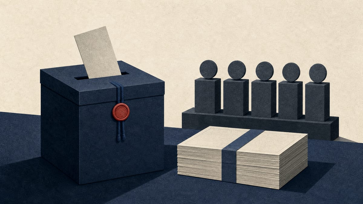 Illustration of a ballot box, five abstract board seats and stacked paper bands representing a cash dividend.