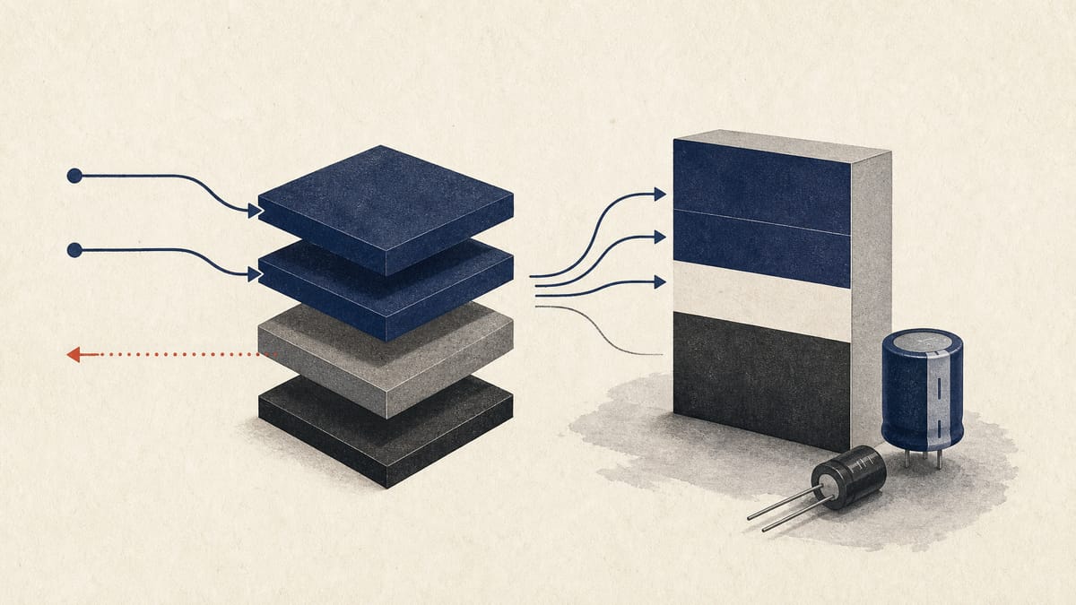 Abstract editorial illustration of layered capital blocks and electronic components representing a preferred-share recapitalisation and capital reset.